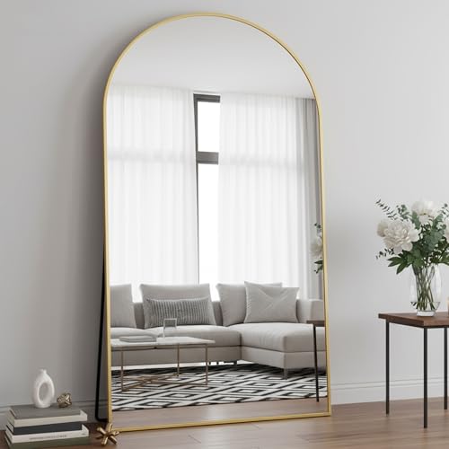 Image of Full Length Mirror, 86 inchx46 inch Arched Floor Mirror Freestanding, Floor Standing Full Body Mirror with Stand for Bedroom, Hanging Mounted for Living Room Cloakroom, Gold