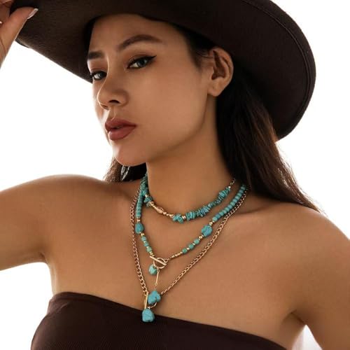 Gold Turquoise Beaded Necklace for Women Layered Bead Necklaces Vintage Turquoises Choker Necklace Boho Turquoises Jewelry Western Handmade Toggle Jewelry4