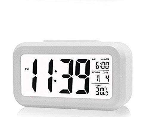DS ENTERPRISE Digital Smart Backlight Battery Operated Alarm Table Clock with Automatic Sensor | Date & Temperature (White)