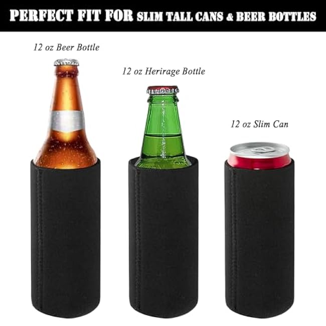 12pack Slim Can Cooler Sleeves, Insulated 12 oz Skinny Tall Beer Coke Cola Soda Drink Bottle Can Coolers, Nonslip Neoprene Collapsible Sublimation Blank Cold Cans Cooler Holder Sleeve (Black)