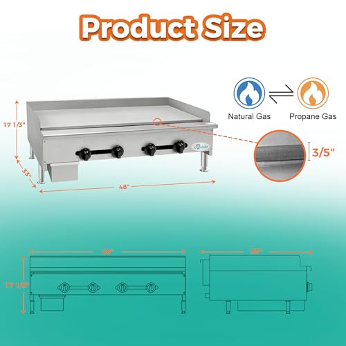 Image of 48 inch Commercial Gas Griddle,120,000 BTU Countertop Flat Top Grill, 4 Independent Burners, Heavy-Duty Stainless Steel Body, NG /LP Convertible, ETL Certified