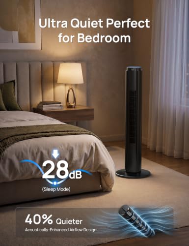 Image of ZAFRO Tower Fan for Bedroom, 90 Oscillating Fan with Remote, 6 Speeds 4 Modes, 12H Timer, LED Panel with Touch Control, 28 dB Quiet Standing Fans that Blow Air, Black