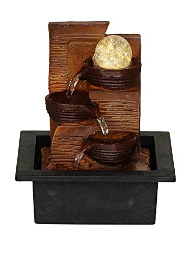Image of Polyresin Designer Tabletop Indoor 3 Steps Water Fountain for Home Decor with Yellow LED Light, Speed Controller Pump & Crystal Ball (Size: 25 x 21 x 18.5CM |Wt: 1180grm | Colour: Brown)