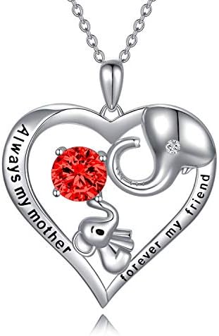 AOBOCO Mum Necklace Sterling Silver Love Heart Lucky Elephant Necklace with Birthstone Crystals, Birthday Mothers Day Jewellery Gifts for Mum from Daughter Son