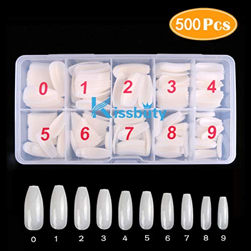 Kissbuty 500 Pcs Natural Color Coffin Ballerina Nails False Acrylic Nail Art Tips 10 Sizes with Box Perfect Length for Nail Salons and DIY Nail Art at Home (Natural Coffin Ballerina Nail Tips)