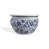 New 10' Oriental Cobalt Blue and White Ornate Flowers and Vines Floral Fish Bowl Jardiniere Fish Bowl Planter Plant Pot Potbelly Shape