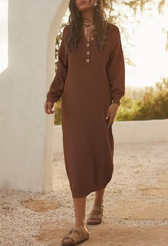 Image of Cutiefox Women's Fall Winter Sweater Long Dress Button V Neck Batwing Long Sleeve Oversized Waffle Knit Dresses
