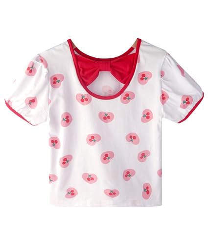 Toddler Little Girls Love Heart Cherry Smile Printed Cotton Crewneck Pullover Summer Short Sleeved T-Shirt2