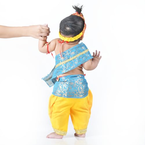 Image of ITSMYCOSTUME Krishna Dress for Baby Boy Kids Set of 10(Dhoti,Hip Cover,Patka,Mukut,Morpankh,Bansuri,Kamarband,Bajuband,Kundal) Little Krishna Ji Kanha Janmasthmi Costume