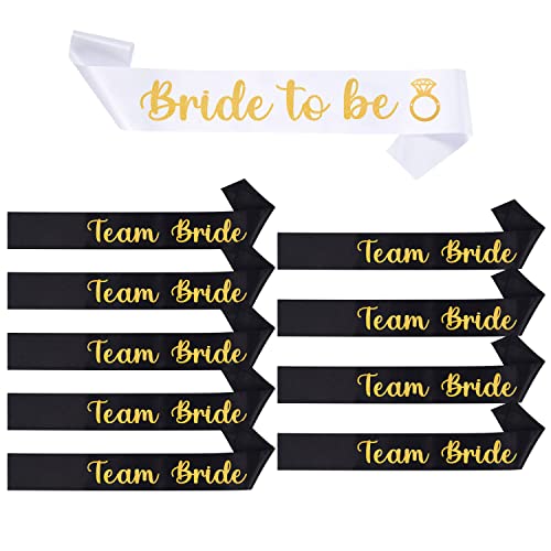 Shining She 10 Pieces Hen Party Accessories Sashes Sets, 9 Black Team Bride Sashes 1 White Bride to Be Sash