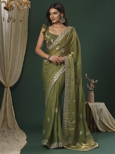 Image of SAREE MALL Women's Satin Silk Embroidered Saree With Unstitched Blouse (KRIYNS4001 KH Parent)
