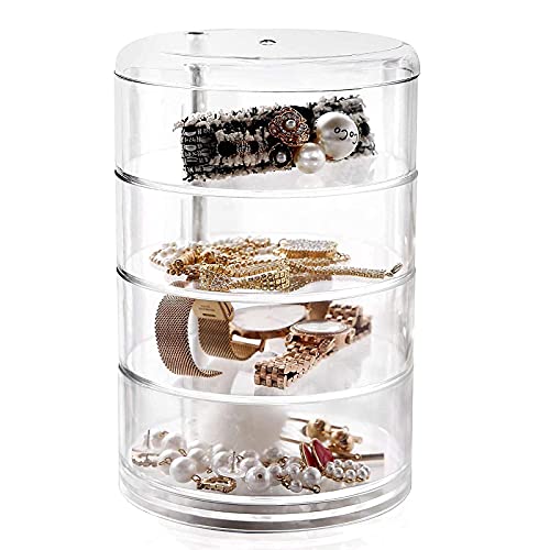 4 Layer Jewelry Organizer, 4 Tier Rotatable Jewelry Box Clear Jewelry Storage Case PVC Bedside Holder with Lid Accessories Holder Tray Tower for Earrings Lipstick Necklace Bracelet Rings