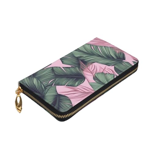 Green Palm Tree Leaves Pink Long Leather Wallet,Large Capacity Soft Pu Leather Purse For Women With Multiple Card Slots Phone Pocket And Zipper Coin Purse Stylish Phone Card Holder Clutch3