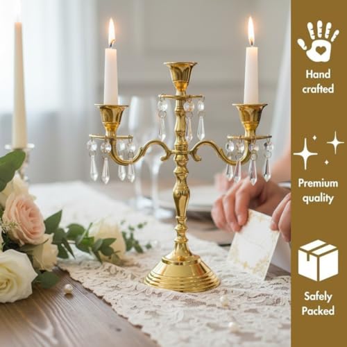 Image of Premium 3-Arm Candle Stand, Luxury Centerpiece with Crystal Hangings, Premium Aluminum Build, Sturdy Tabletop Base, Golden, 12inch