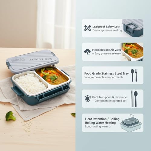 Image of Insulated Stainless Steel Lunch Box with Textured Lid | 3 Compartments | 525ml | BPA Free | Leakproof | Microwave Safe Without Lid | Bento Tiffin Box for Office School Travel (Dark Teal, 2)