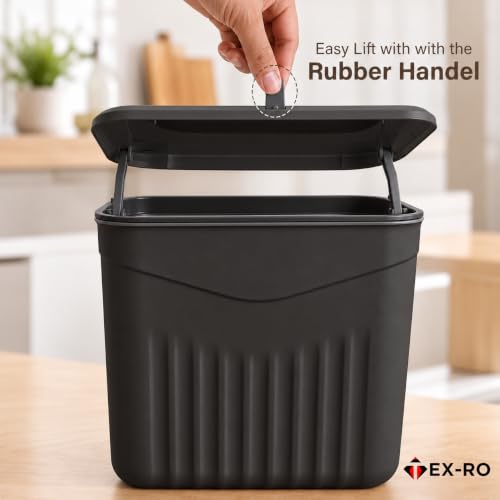 Image of TEX-RO Hanging Dustbin for Kitchen with Lid, 9L Wall Mounted Dustbin for Home with 2-Way Lid Opening, No-Drill Cabinet Door Hanging Trash Can, Plastic Waste Bin for Bathroom Bedroom Office (Black)