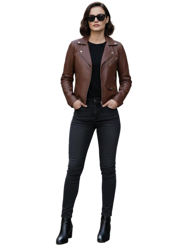 Image of Leather Retail Stylish Brown Jacket For Women's