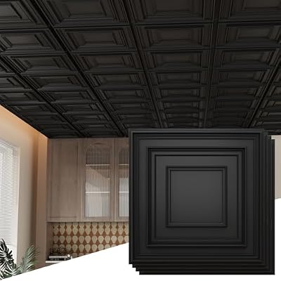 LooYee 24 PCS 24 X 24 Inch Black Drop Ceiling Tiles, 2Ft X 2Ft PVC 3D Decorative Ceiling Panels, Waterproof Washable Plastic Ideal for Living Room Garage Basement Bedroom Cover 96 Sq.Ft