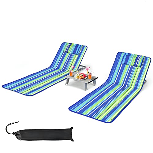 GIANTEX Lot de 2 Matelas de Plage Pliables et Table d’Appoint, Chaises Longue de Plage Réglables en 5 Positions avec Appui-Tête Amovible, Poche pour...