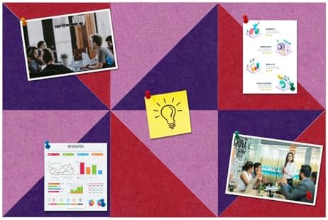 Large Triangle Felt Cork Board Tiles, Self Adhesive DIY Felt Bulletin Board Pin Board with 35 Pushpins for Office School Home Wall Decor Stickers Memos Photos Display(Purple+Light Purple+Red)