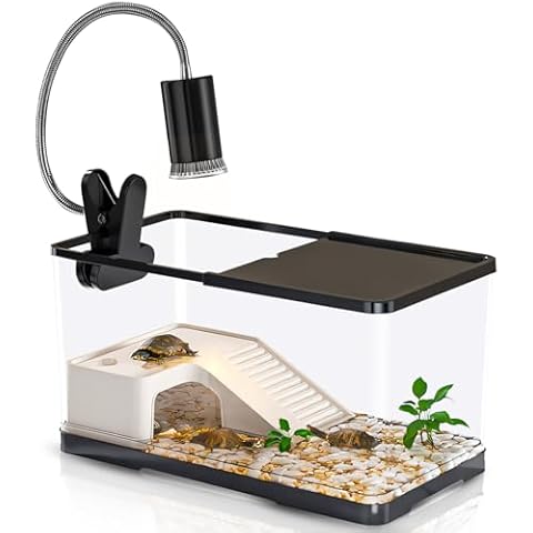 (Tank + Light + Filter Balls) Turtle Tank Kit, Turtle Tank Starter Kit with Basking Platform and UV Light, Bottom Drainage, Multi-Function Areas for Amphibian,Reptiles.（15.3" x 8.5" x 8.5" Inch） Cover