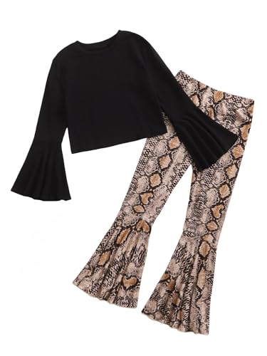 Image of WDIRARA Girl's 2 Piece Flounce Sleeve Top and Leopard Print Bell Leg Bottom Pants Set Multicolour 7Y
