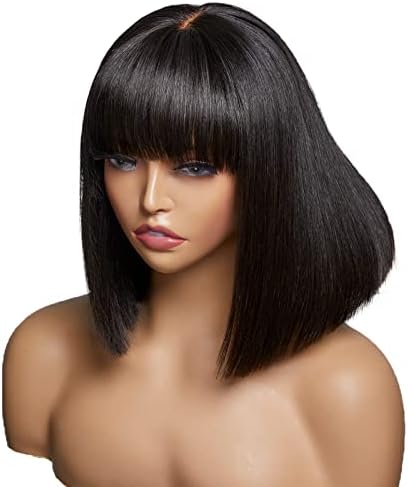 LUVME HAIR Silk Straight Human Hair Bob Wigs with Bangs 2x1 Upgraded Glueless Lace Wig with Bangs 10Inch Short Black Bob Wig For Women
