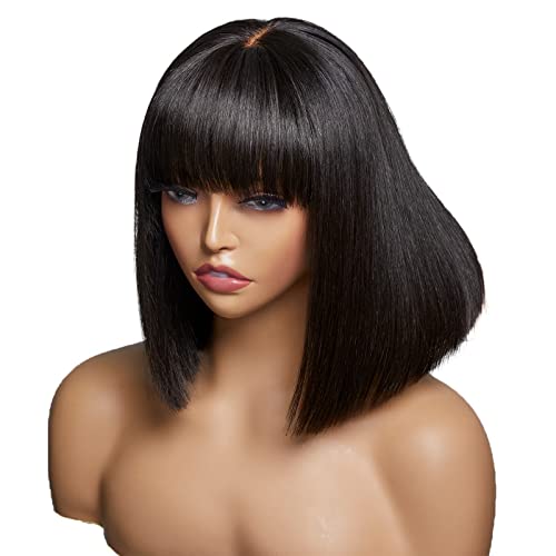 Luvme Hair Silk Straight Human Hair Bob Wigs With Bangs 2X1 Upgraded Glueless Lace Wig With Bangs 10Inch Short Black Bob Wig For Women #TOP16