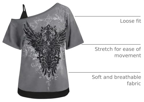 Image of SOLY HUX Women's Plus Size Y2k Tops Gothic Graphic Tees Trendy Short Sleeve Asymmetrical Neck T Shirts