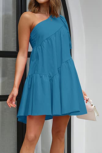 Image of KIRUNDO Summer One Shoulder Mini Baby Doll Dresses Women 2026 Casual Puff Sleeve Loose Tiered A Line Flowy Short Dress