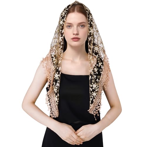 Lystaii Triangle Lace Mantilla Veil with Tassel Tulle Scarf Shawl Cathedral Head Covering Floral Chapel Veil for Mass Wedding