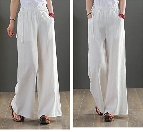 Les umes Women's Casual Wide Leg Long Pants High Waist Drawsting Loose Palazzo Pants Cotton Linen Beach Trousers2