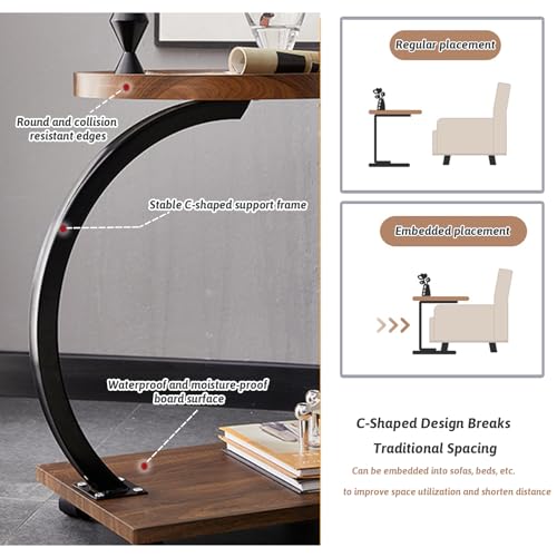 C Shaped Side Table with Wheels, Modern C Table End Table for Sofa and Bed, Small Couch Tables That Slide Under, Wooden C Shaped End Table for Couch, Coffee C Table for Small Space(Walnut)(With Scratch; See The Pictures)