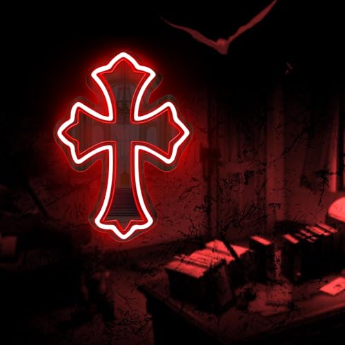 Image of Cross Gothic Y2K Cross Mirror Neon Sign Gothic Wall Decor | Corss Bedroom Mirror LED Light, Gift for Friends, USB Powered Dimmable Retro Wall Decoration, 16.5 inchx12 inch