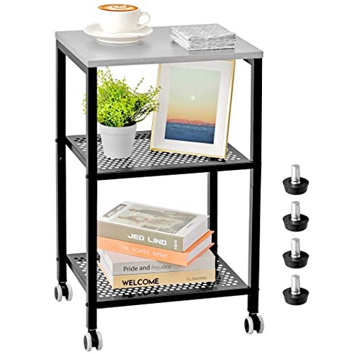 Yemuny Side Table, 3-Tier End Table With Wheel, Small Nightstand Storage Mesh Shelves Kitchen Cart For Living Room Bedroom Bathroom Kitchen, Stable Metal Frame, Oak Grey #TOP17