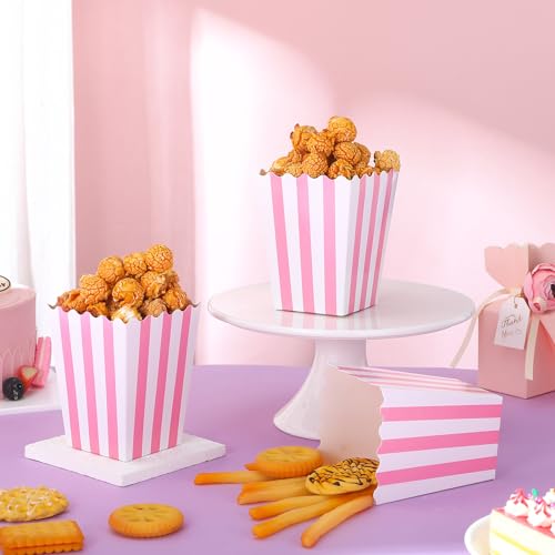 Image of Geyoga 48 Pcs Popcorn Boxes Bulk,Pink and White Striped,4 x 3 Inches | Mini Pink Popcorn Buckets, Candy Containers, for Pink Carnival Theme Party, Movie Nights, Circus Events, Birthday Decorations