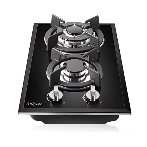 12 Inch Gas Cooktop, 2 Burners Built-in Gas Stovetop Tempered Glass Gas Stove Top LPG/NG Convertible Dual Fuel Sealed Gas Hob - Black