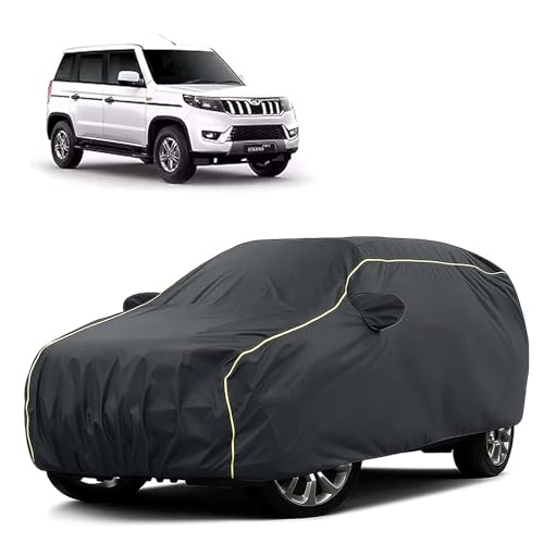 Image of Sulfar 100% Water Resistant Car Body Cover Compatible with Mirror for Mahindra Bolero Neo Plus (Triple Stitched, Full Bottom Elastic, Dark Grey Tafetta with Yellow Piping)