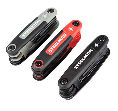 Image of Steelman 3-Piece Set Folding Hex Key Wrench Tools, SAE, Metric, and Torx Allen Wrench Sets, Chamfered Ends, Rubberized Grip