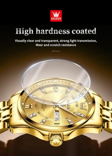 OLEVS Diamond Watches for Men,Business Dress Watch Waterproof Luminous,Male Golden Big Dial Luxury Casual Quartz Analog Watches with Day Date Calendar and Stainless Steel Band