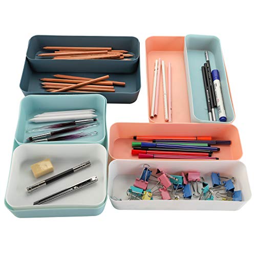 Suwimut 12 Pieces Plastic Drawer Organizer Set, 3 Size Desk Drawer Organizer Divider Trays for Makeup Jewelry, Utensils - Image 4