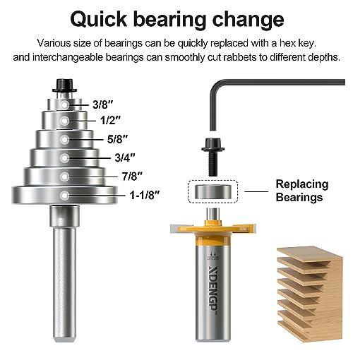 Image of Rabbet Router Bit Set 1 /2 Shank, Rabbeting Router Bits 1pcs with 6 Bearings for Interchangeable and Adjustable Multi Depths Cutter 1 /8 inch, 1 /4 inch, 5 /16 inch, 3 /8 inch, 7 /16 inch, 1 /2 inch