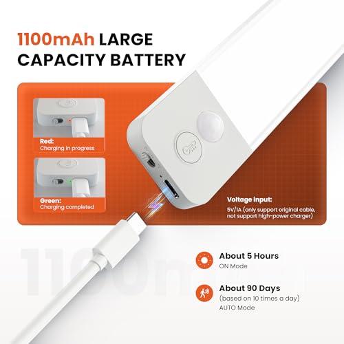 LROLTEF Luz Led Cocina Armario Sensor Movimiento 20CM 1100mAh 3 Colores Ajustables Sensor de Movimiento Interior Recargable Armario luz led Adhesiva Nocturna Para Inteligente Lamp Gabinete 2 Piezas - imagen 5