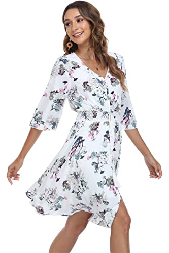 Image of VintageClothing Women's Floral Sundresses Flowy Boho Summer Beach Dress | Lightweight Breathable material,Elegant V Neck and Button Front Design,Flared Bell Sleeve Cut,Mini Casual dress