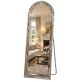 Pocetry Arched Full Length Floor Mirror 63'x21', Triple-Layer Solid Wood Frame, Rustic White Farmhouse Full Body Mirror with Stand for Bedroom, Living Room, Entryway & Hallway Home Decor