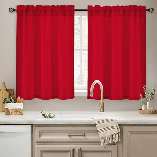 HOMEIDEAS Christmas Non-See-Through Red Privacy Sheer Kitchen Curtains 36 Inches Long 2 Panels Set Light Filtering Curtains for Living Room Bedroom Drapes W30xL36