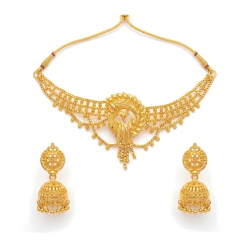 Image of Gold Plated Bridal Choker Necklace Set with Jumka Earring for Women with Earrings