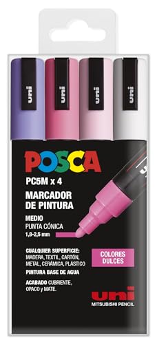 UNI Posca Estuche de 4 Rotuladores PC5m de Color Pastel de Punta Cónica Medio