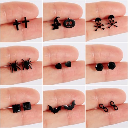 9 Pairs Stud Earrings Set Hypoallergenic black stainless steel cartilage stacked small earrings Halloween2