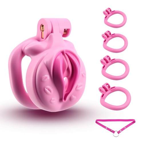 Male Chastity Cage Lightweight Cock Cage ABS+Resin Chastity Device Adult Sex Toys with 4 Different Sizes Rings,Chastity Belt & Invisible Lock for Men Sissy Penis Exercise and Abstinence (Pink）